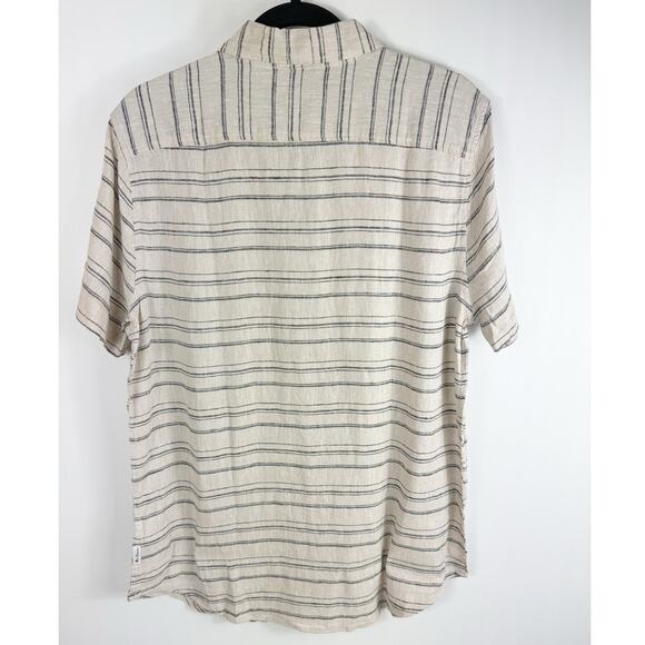 Ben Sherman Mens Linen Blend Button Down Shirt Striped Beige Blue Medium - Picture 6 of 7